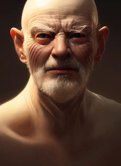 Prompt: face centered portrait of an old porcelain bald man, ancient hyper realistic art, intricate, elegant, glowing lights, highly detailed, digital painting, artstation, concept art, smooth, sharp focus, art by wlop, mars ravelo and greg rutkowski