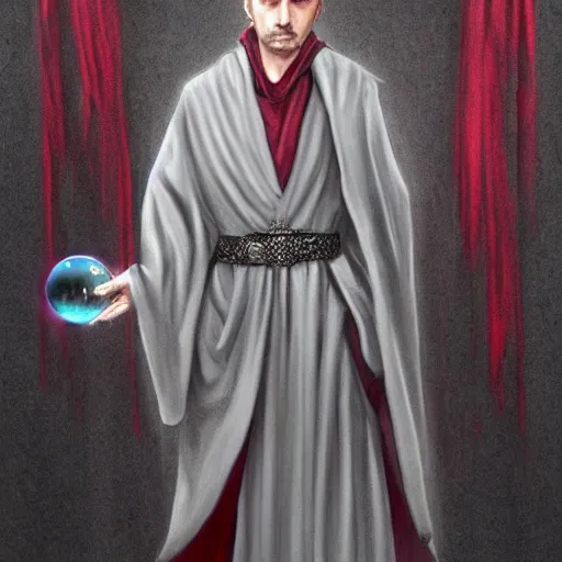 Image similar to petyr baelish smirking dressed in grey robes with red and gold trim, slightly turned to the right, ultra detailed, photorealistic, holding a crystal ball, magic the gathering style art, standing with a black background, high quality,