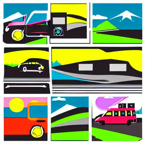 Prompt: vector art of a white and black cute thor chateau! motorhome camper!!, highway, mountains and colorful sunset!!, very very happy, warm, minimal vector art sticker!! by tom whalen, sanja stikovic