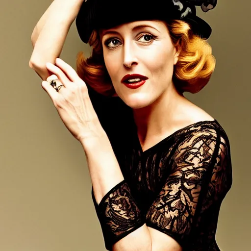 Prompt: photo of a gorgeous Gillian Anderson wearing a 1920s hat by Mario Testino, detailed, head shot, award winning, Sony a7R