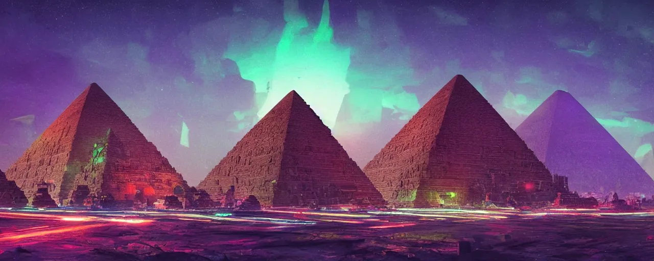 Prompt: ” ancient pyramids with glowing neon lines lighting the night, [ cinematic, detailed, epic, widescreen, opening, establishing, mattepainting, photorealistic, realistic textures, octane render, art by paul lehr ] ”