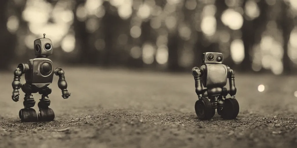 Image similar to small robot on forest road, 1930s photo, bokeh, backlit, long shot