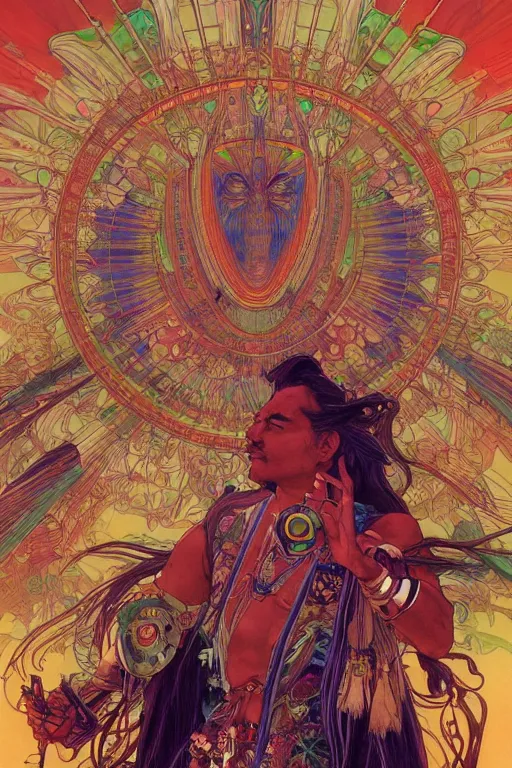 Image similar to serene scene of a futuristic apache medicine man telling stories around an electronic fire, by artgerm and yoshitaka amano and moebius and alphonse mucha, hyperdetailed, dc comics, ornate, nebula, explosions in the sky, trending on artstation