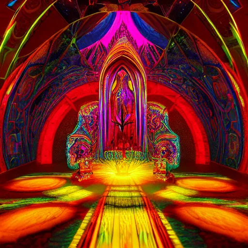 Image similar to Psychedelic crystalline cathedral altar Visionary Sacred Holy Detailed Ben Ridgway art style 8K Detail Colorful Awesome VRay Unreal Engine 5 Substance Designer Octane Render LightWave 3D 3Delight 3D shading 3ds Max