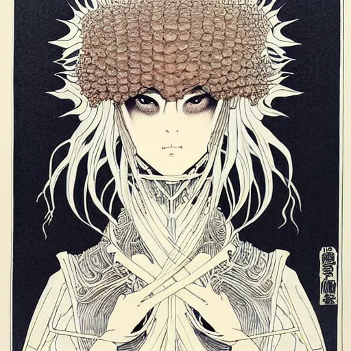 Image similar to prompt: one human Fragile looking character portrait face drawn by Takato Yamamoto, Human inside modernistic looking armor with wild hairstyle, inspired by Evangeleon, clean ink detailed line drawing, intricate detail, manga 1980, poster composition