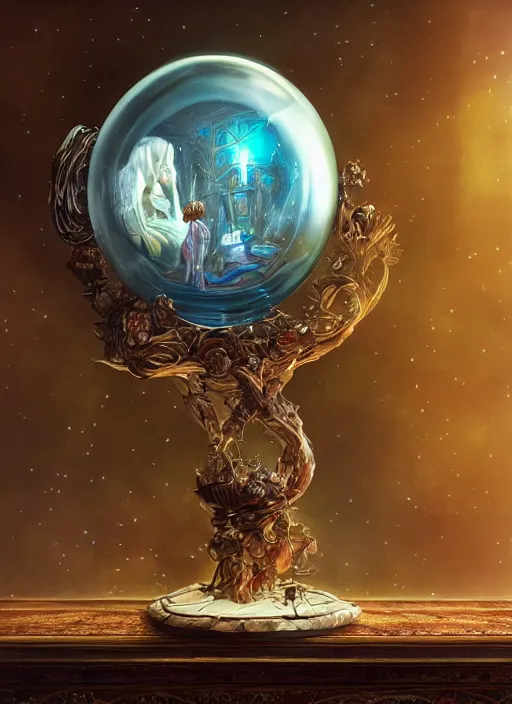 Prompt: crystal ball on a large wood stand with a beautiful dreamscape inside, studio product photography, centered, super highly detailed, professional digital painting, artstation, concept art, smooth, sharp focus, extreme illustration, unreal engine 5, photorealism, beautiful, cinematic, art by artgerm and rutkowski and alphonse mucha and loish and wlop