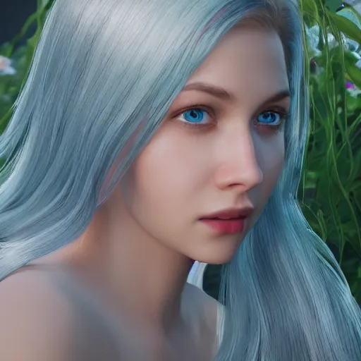 Prompt: “hyperrealistic ultra detailed unreal engine 5 RTX raytracing nvidia hairworks photorealistic portrait of beautiful girl with blue eyes and white hair. She is in heavens garden”