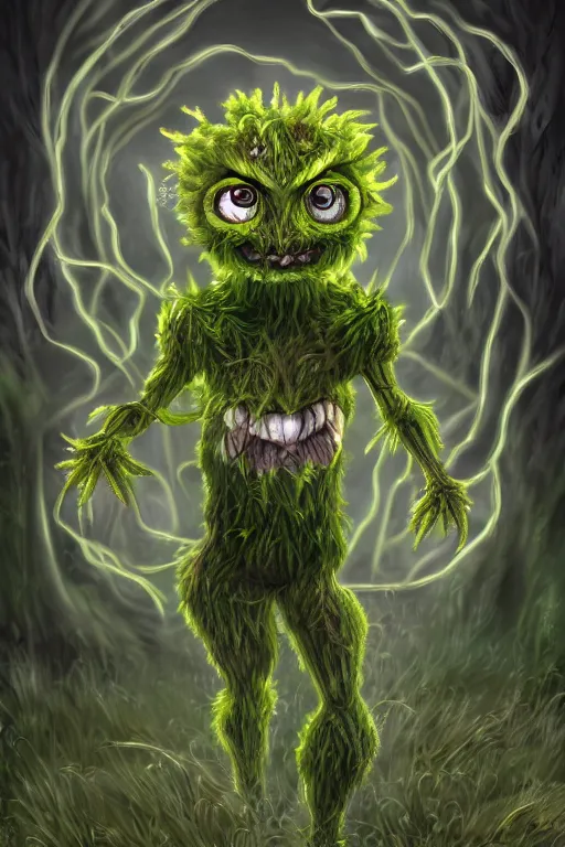 Prompt: a humanoid figure dandelion moss plant monster, large eyes and menacing smile, highly detailed, digital art, sharp focus, trending on art station, anime art style