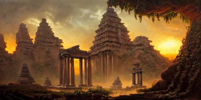 Image similar to beautiful hyperrealistic spectacular painting of the mysterious intricate ruins of the mysterious ancient temple, an advanced technology timemachine with a green - glowing - crystal from the future is inside the temple, by hubert robert and lee madwick and bastien lecouffe - deharme, dramatic sunset lighting, advanced technology