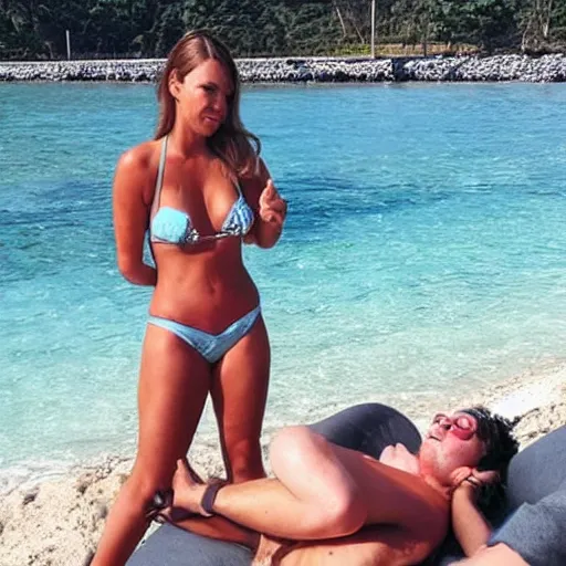 Prompt: photo of a 4 0 year old man that looks young for his age dating a very attractive 2 2 year old woman wearing a bikini. they are both drunk.