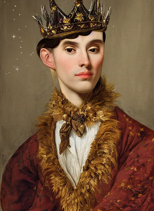 Prompt: close-up portrait of anthropomorphic Prince with a head of barn owl, in a crown, bokeh, blurred space, stars, dreamy, romantic, painting in the museum, highly detailed, sharp focus, digital painting, artwork, by John James Audubon by Victor Adame Minguez by Yuumei by Tom Lovell by Sandro Botticelli