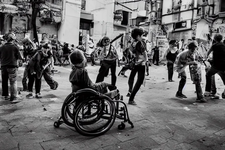 Image similar to riot of paraplegic people, street photography, detailed realistic photography