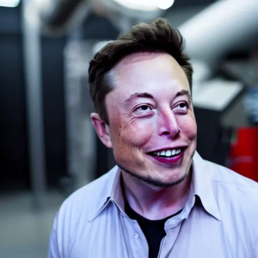 Image similar to A still image of Elon Musk. Its a medium shot. He is smiling and looking to the left. He looks a little puzzled. Shallow depth of field.