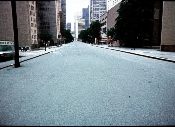 Image similar to A disposable camera picture of an empty street, Kodak Fling 200, 1983