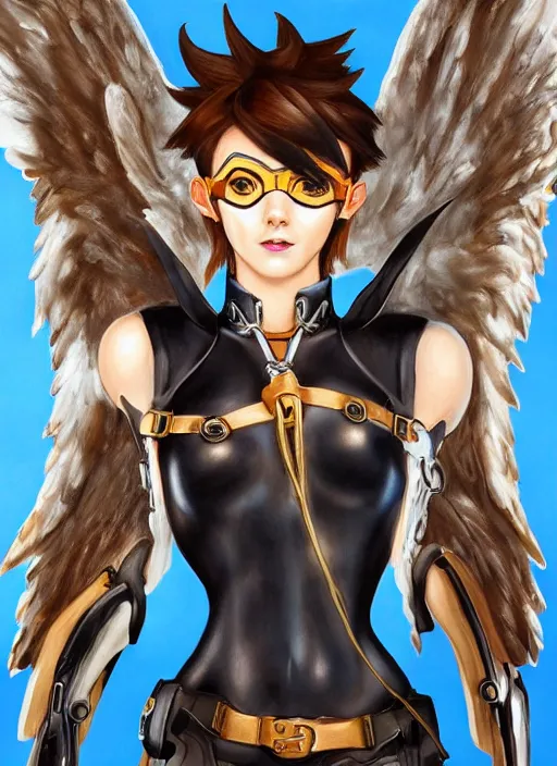 Prompt: full body oil painting of tracer overwatch in style of biblical art, angel wings, dramatic painting, symmetrical composition, wearing detailed leather collar, black shiny armor, chains, black harness, detailed face and eyes,