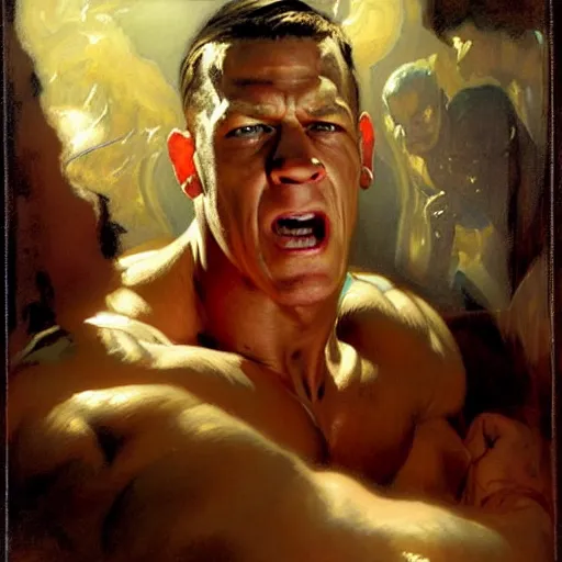 Image similar to john cena ring gear is in his bed, nervous and terrified, because beck lynch from hell is attacking him. highly detailed painting by gaston bussiere, j. c. leyendecker, greg rutkowski, craig mullins 8 k