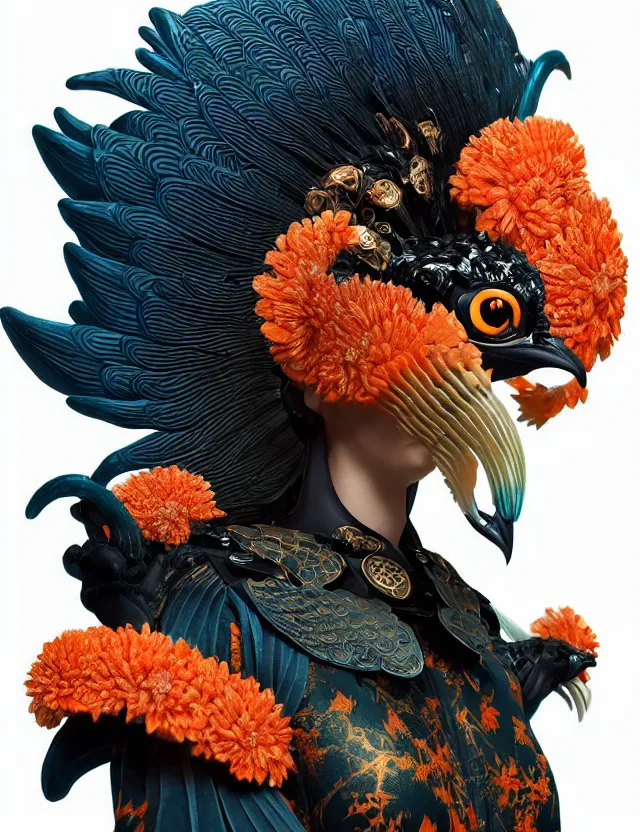 Prompt: 3 d goddess close - up profile portrait biomechanics with ram skull. beautiful intricately detailed japanese crow kitsune mask and clasical japanese kimono. betta fish, jellyfish phoenix, bio luminescent, plasma, ice, water, wind, creature, artwork by tooth wu and wlop and beeple and greg rutkowski. gold and black and teal and orange color scheme