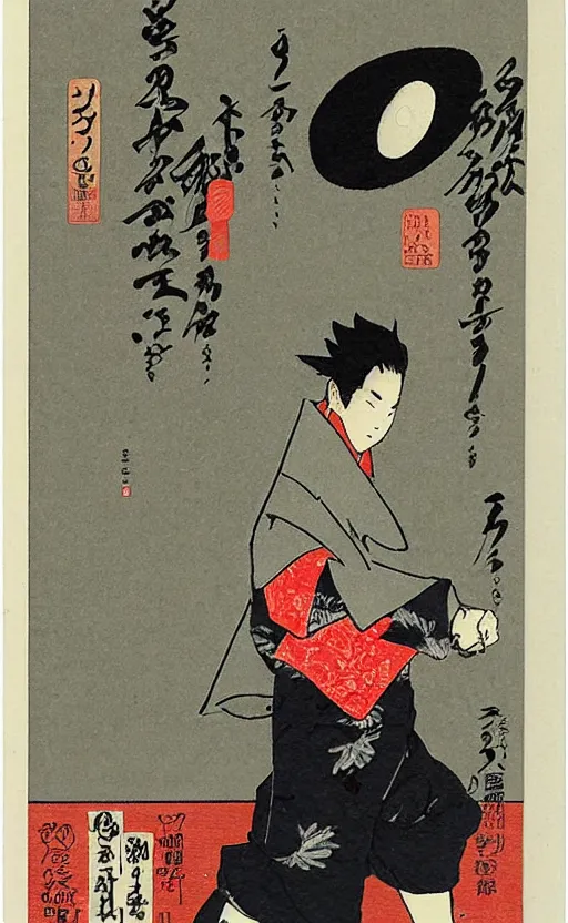 Prompt: by akio watanabe, manga art, male calligrapher running with brush, kimono, trading card front