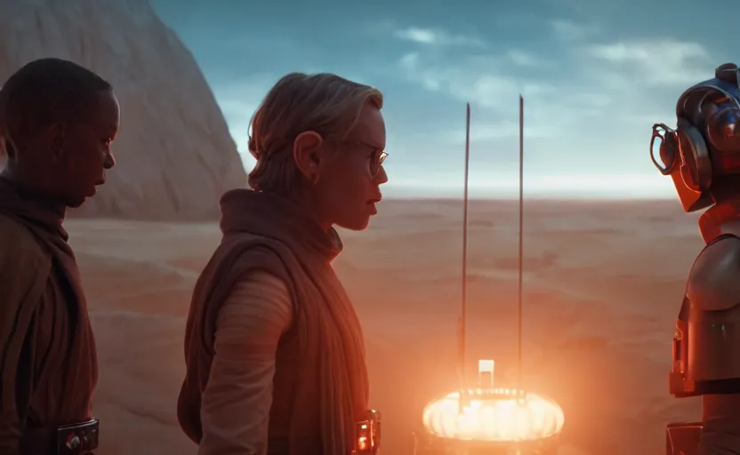 Prompt: cinematic still image screenshot portrait of luke skywalker talking to maz kanata diplomatic, dramatic scene from force awakens crisp 4 k 7 0 mm imax, moody iconic scene, octane render, beautiful backlit, planet