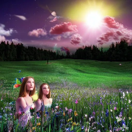 Prompt: photo of fairies in a heavenly meadow