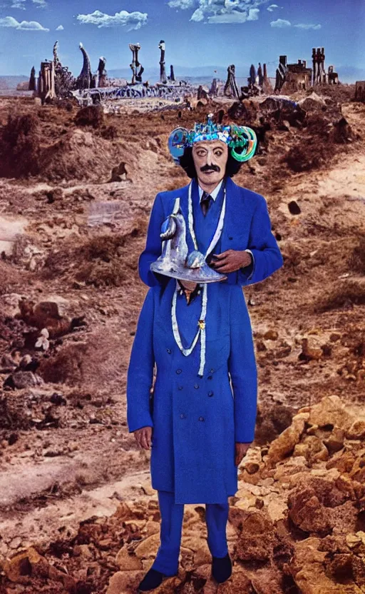 Image similar to salvador dali wearing a great crown with blue jewels in a dry rocky desert landscape, visible sky and sunny atmosphere, alien city ruins in the background, film still from the movie by alejandro jodorowsky with cinematogrophy of christopher doyle and art direction by hans giger, anamorphic lens, kodakchrome, very detailed photo, 8 k