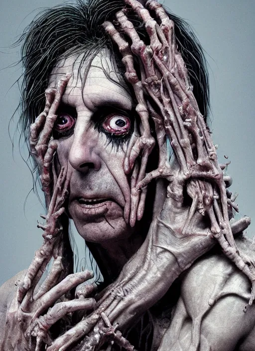 Image similar to portrait of alice cooper with translucent skin, visible muscles and veins and arteries and bones and spines and nerves, beautiful detailed intricate insanely detailed octane render, 8 k artistic photography, photorealistic, chiaroscuro, by david cronenberg, raphael, caravaggio