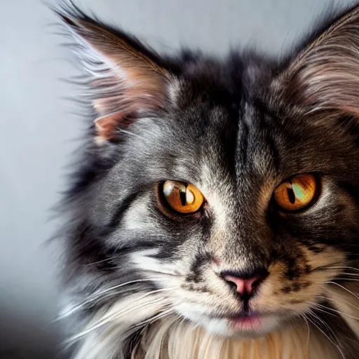Image similar to very cute huge giant large calico main coon taking up entire bed, stunning eyes, portrait, pixar style, cinematic lighting, award winning creature portrait photography