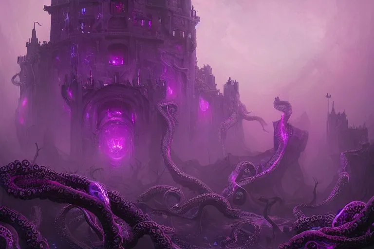 Prompt: Eldritch Organic castle of The Void made of eyeballs and tentacles, Purple and Blue colored, 4k, masterpiece, cinematic, glowing, by Greg Rutkowski, Trending on Artstation, Behance. Polished, Volumetric Lighting