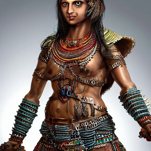 Prompt: an indian warrior woman, wearing intricate armor made of pottery pieces. photorealistic, intricate and detailed.