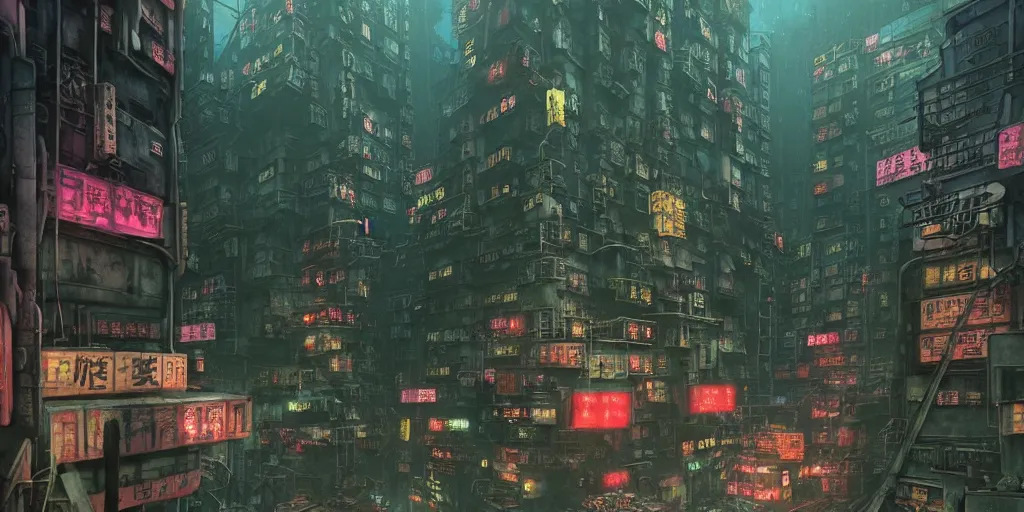 Image similar to twilight lighting, moody, atmospheric, solarpunk, cyberpunk, a render of kowloon walled city, rainy, in the art style of neon genesis : evangelion, 8 0 s anime style, by ghibli studio and victor ngai, ghost in the shell art style, akira artstyle, pixar highly detailed, 8 k h 5 7 6