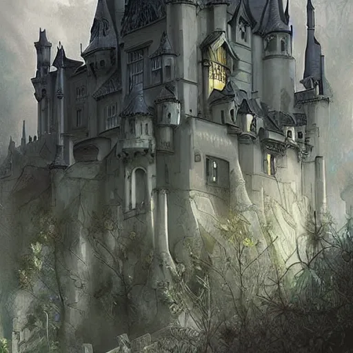 Prompt: a fantasy goth castle on hill, digital art, photorealistic, dark, smooth, sharp focus, artgerm, alphonse mucha
