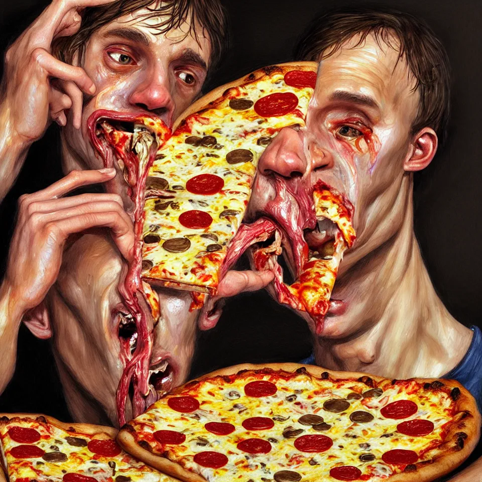 Image similar to bright realistic anorexic man puking pizza and smiling franticly, apartment, rotten flesh, diffuse lighting, fantasy, intricate, elegant, highly detailed, lifelike, photorealistic, digital painting, artstation, illustration, concept art, smooth, sharp focus, art by francis bacon and jenny saville