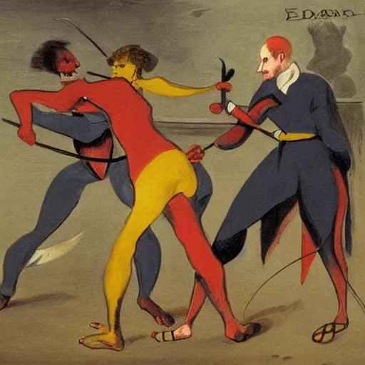 Prompt: A painting of two people, one a demon and the other a human, fighting each other with swords. by Edward Lear peaceful