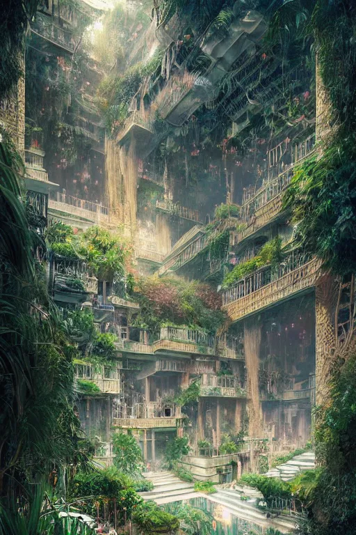 Image similar to magnificent view of the hanging gardens of babylon, intricate, elegant, volumetric lighting, digital painting, highly detailed, artstation, sharp focus, illustration, concept art, ruan jia, steve mccurry