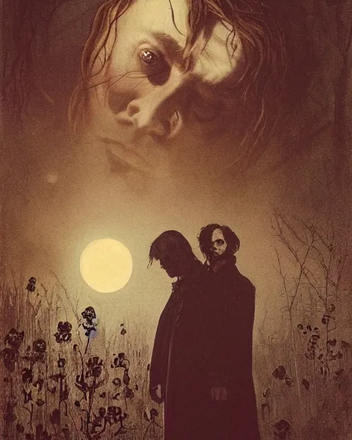 Image similar to a handsome but sinister and creepy man in layers of fear, with haunted eyes, violence in his eyes, 1 9 7 0 s, seventies, delicate embellishments, a little blood, woodland, moonlight shining on wildflowers, painterly, offset printing technique, by alexandre cabanel