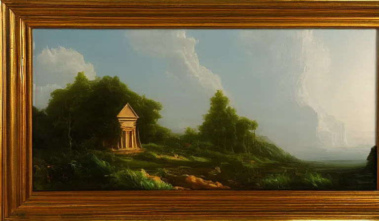 Prompt: A serene landscape with a singular building in the style of Thomas Cole.