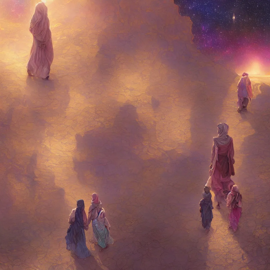 Image similar to bedouin man and woman and child in galaxy walking towards mosque surrounded by nebula, highly detailed, gold filigree, romantic storybook fantasy, soft cinematic lighting, award, disney concept art watercolor illustration by mandy jurgens and alphonse mucha and alena aenami, pastel color palette, featured on artstation