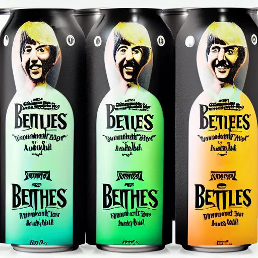 Image similar to an advertisement for a beatles soda, with the beatles pasted on the packaging, soda bottle with a small illustration of the beatles pasted on the packaging, award winning, studio light, 4K