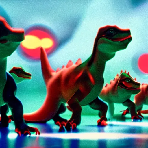 Image similar to baby dinosaurs in tron movie, cinestill