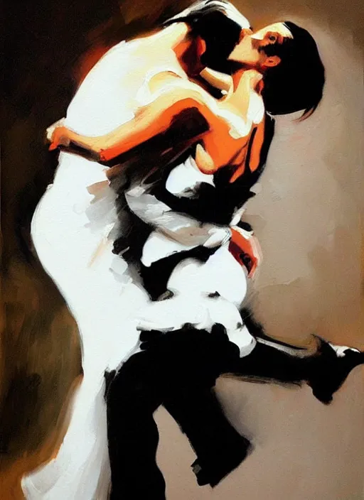 Prompt: tango dancerin in white dress, painting by phil hale, fransico goya,'action lines '!!!, graphic style, visible brushstrokes, motion blur, blurry, visible paint texture, crisp hd image