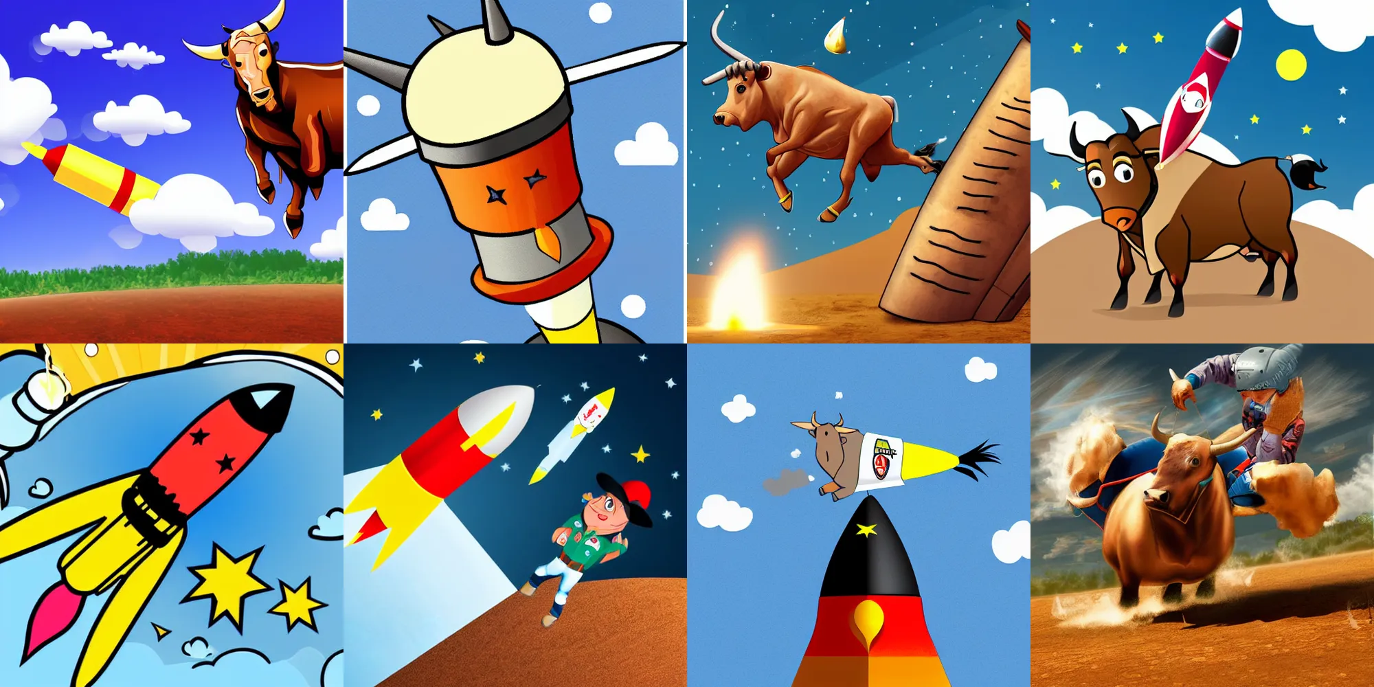 a cartoon bull riding a hyper realistic rocket to the | Stable ...