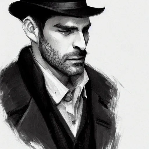 Image similar to portrait of a detective, zoomed in, noir, fedora, tweed coat, confident, handsome, heavy shading, vintage, high quality, by artgerm, artstation, ( ( ( by ilya repin ) ) )