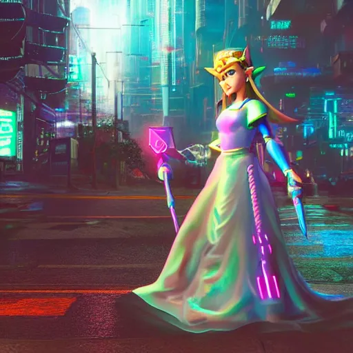 Prompt: high quality photo of princess zelda in a cyberpunk cyberpunk cyberpunk city realism 8k award winning photo