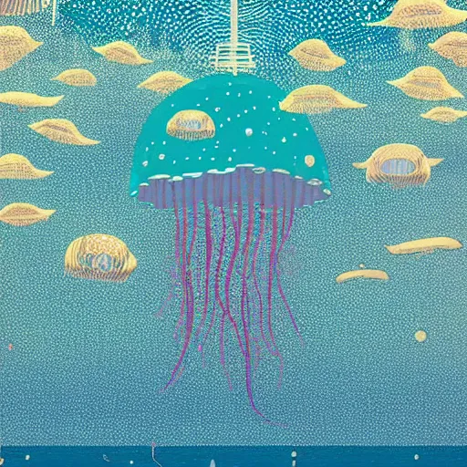 Prompt: Lots of jellyfish swimming in the sky by Victo Ngai