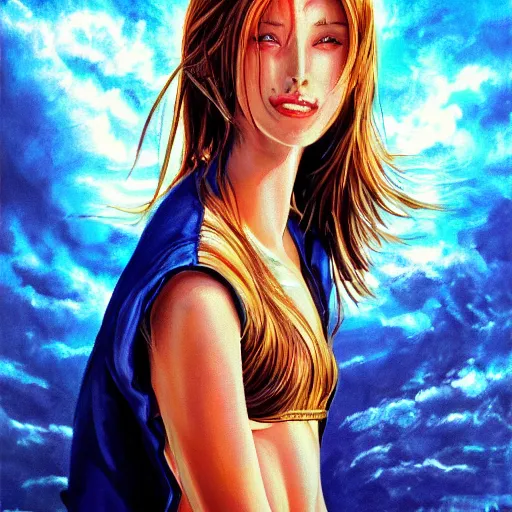 Prompt: sci - fi, morning, smiling fashion model face, sun, cinematic, clouds, sun rays, vogue cover style, poster art, blue mood, realistic painting, intricate oil painting, high detail illustration, manga and anime 1 9 9 9