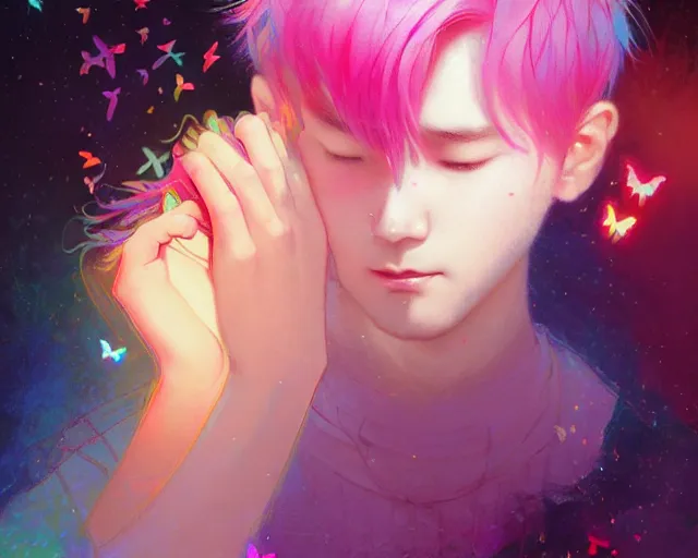 Prompt: harmony of neon tiny butterfly stars, mute, black haired man yoongi hugging pink haired man jimin crying, by wlop, james jean, victo ngai, rainbow overlay in the hair! beautifully lit, muted colors, highly detailed, fantasy art by craig mullins, thomas kinkade