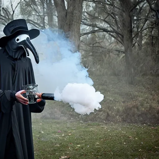 Image similar to a plague doctor exhaling a huge smoke cloud from his halloween bong, award winning candid photography