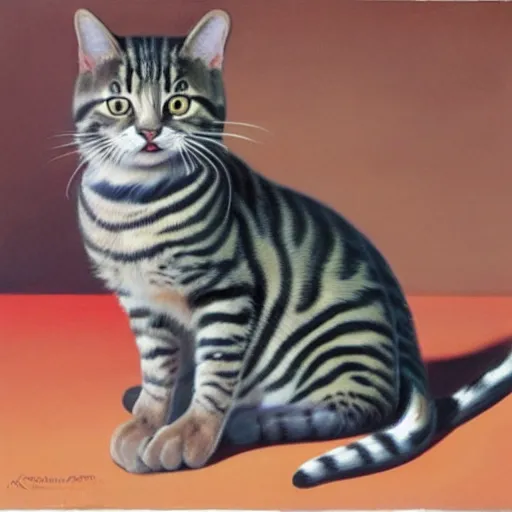 Prompt: painting of a mackerel tabby cat by rene magritte, hd, 4 k, detailed, award winning, orange, white, black