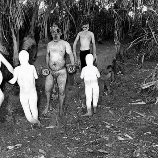 Image similar to secret photos of a cult in central australia. everyone must not wear pants, only tops, all their hair is shaved off but bears are aloud. you must carry a vegetable at all times. very creepy photos of this strange cult in the year 1 9 9 7