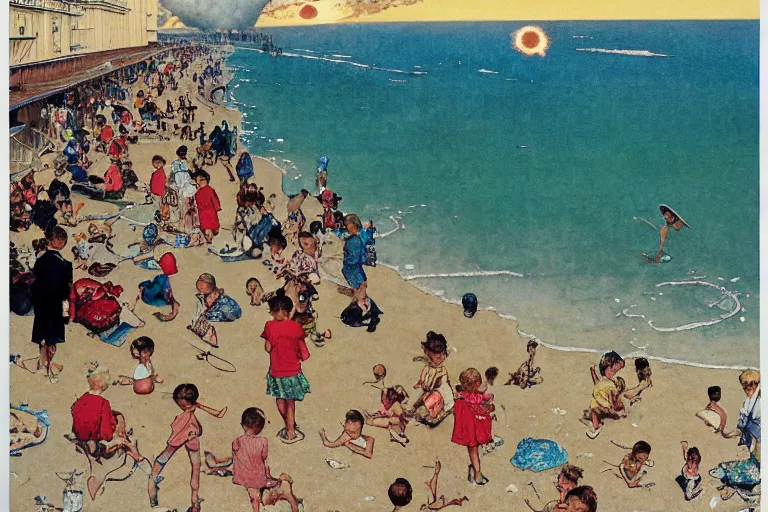 Image similar to children playing at the beach, huge atomic explosion in the background, view from above, detailed, by norman rockwell, by mattias adolfsson, by moebius, oil on canvas,